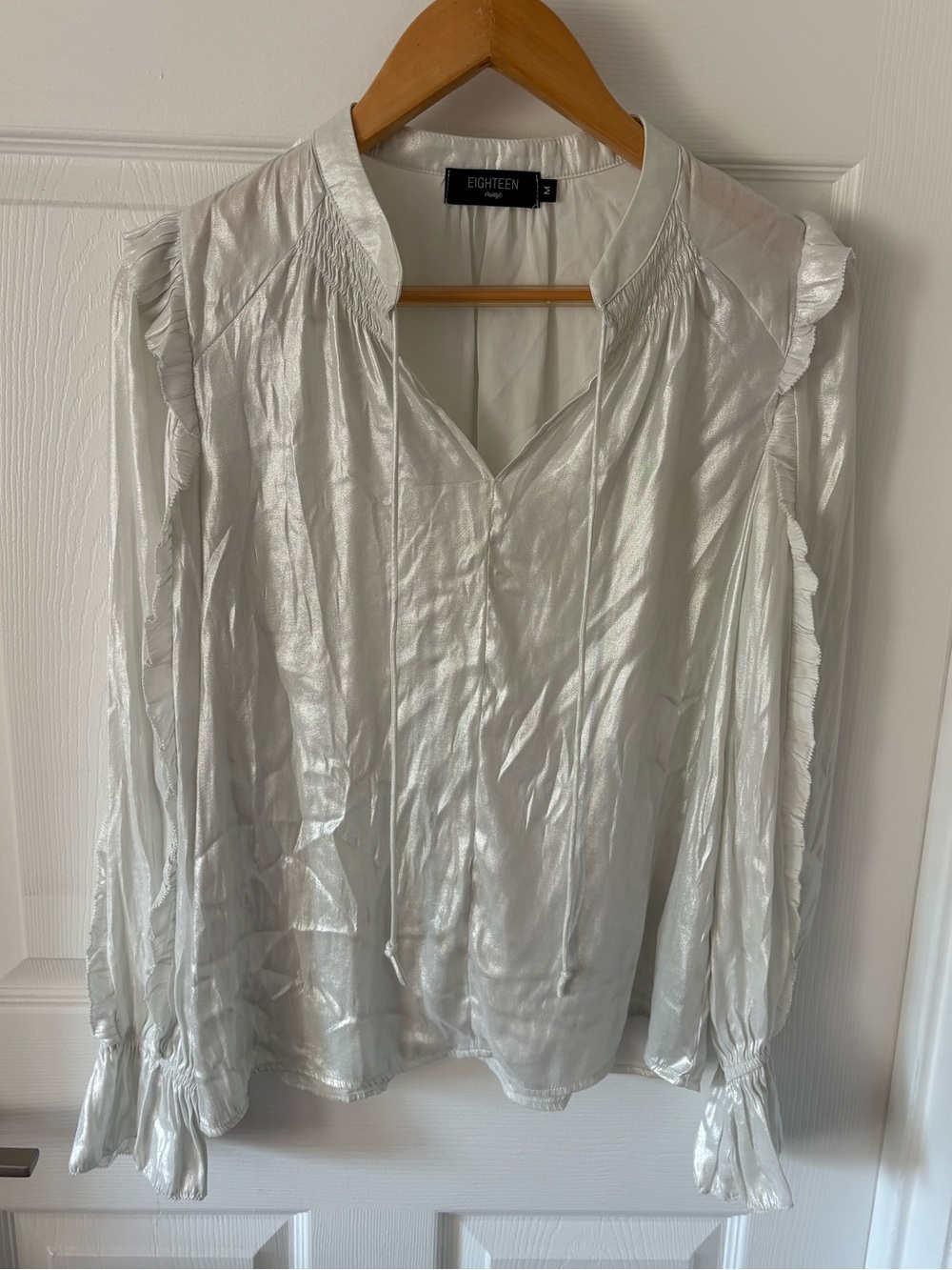 Eighteen Muse Metallic Silver Ruffle V-Neck Blouse - Size Medium